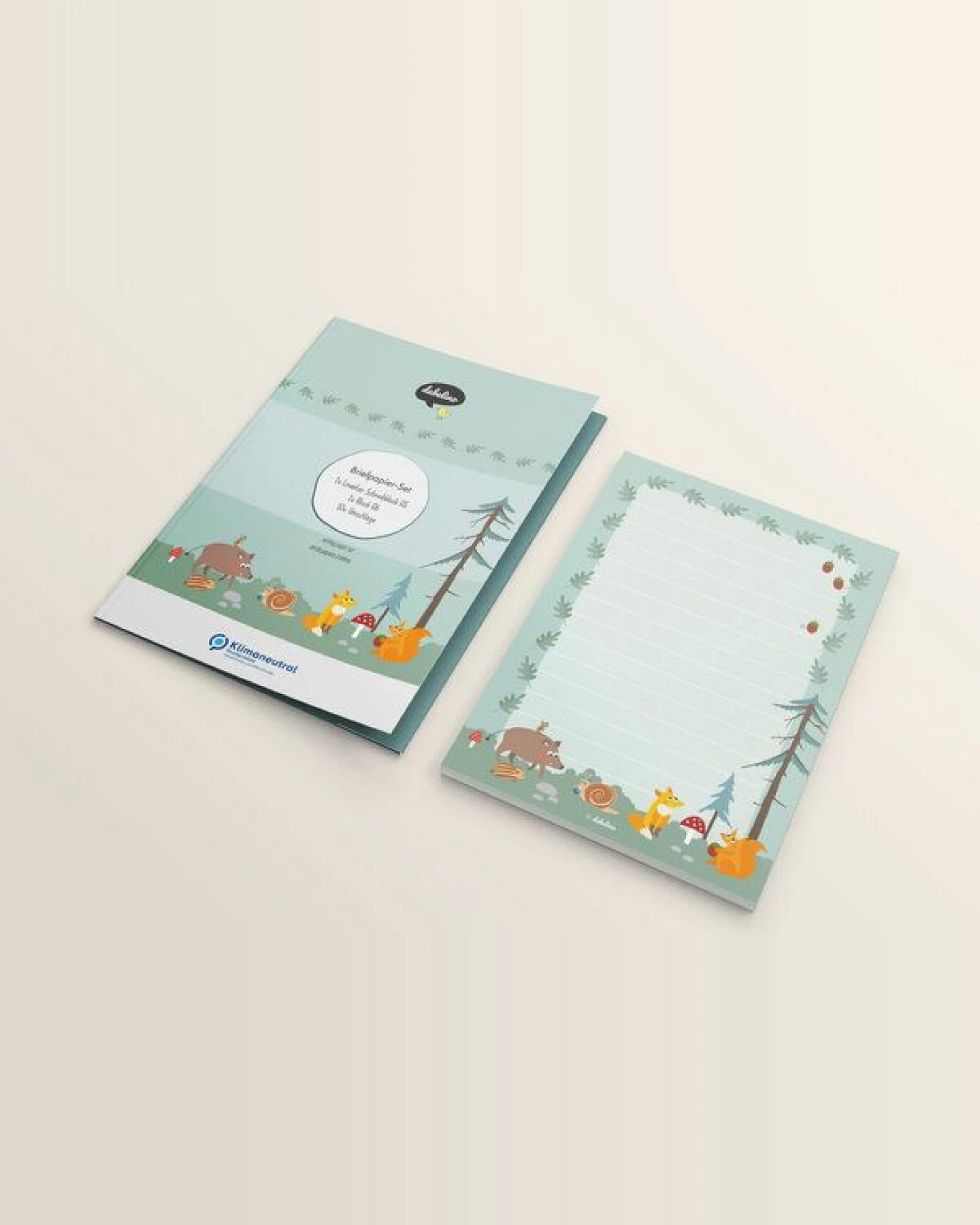 dabelino Kinder-Briefpapier-Set: Waldtiere (Fuchs, Eichhörnchen) - A5, liniert mit Umschlägen + Malblock (für Jungen, Mädchen, grün) – Ansicht 4