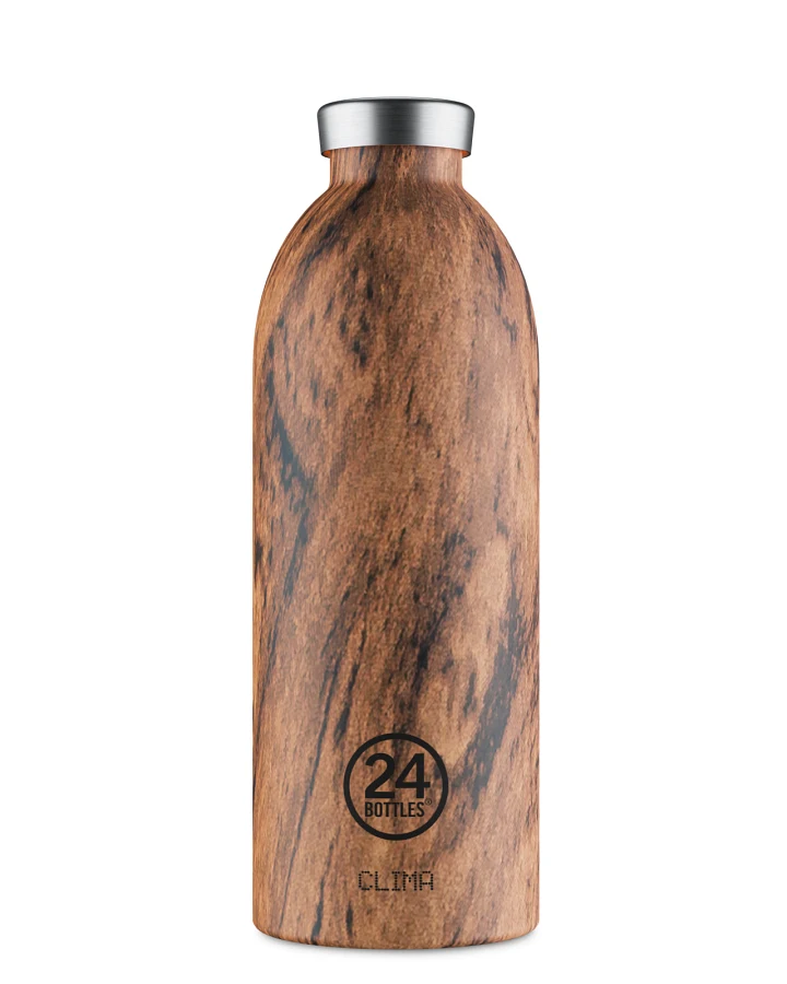Thermos Trinkflasche aus Edelstahl 850 ml, braun, mit Holz Optik personalisierbar, Clima Bottle Sequoia Wood - 24Bottles