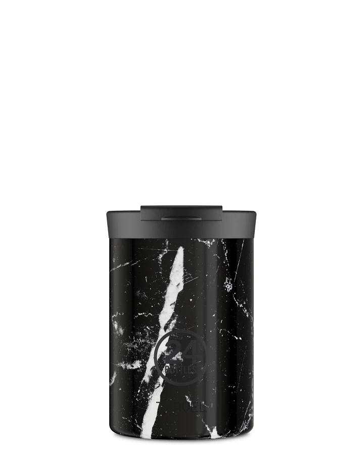 Thermos Becher to go, Isolierbecher 350 ml, schwarz, mit Marmor Muster, personalisierbar, Travel Tumbler Black Marble - 24Bottles