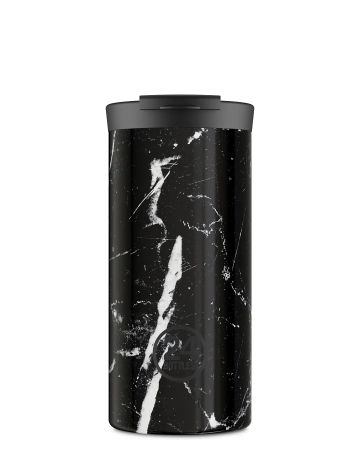 Thermos Becher to go, Isolierbecher 600 ml, schwarz, mit Marmor Muster, personalisierbar, Travel Tumbler Black Marble - 24Bottles