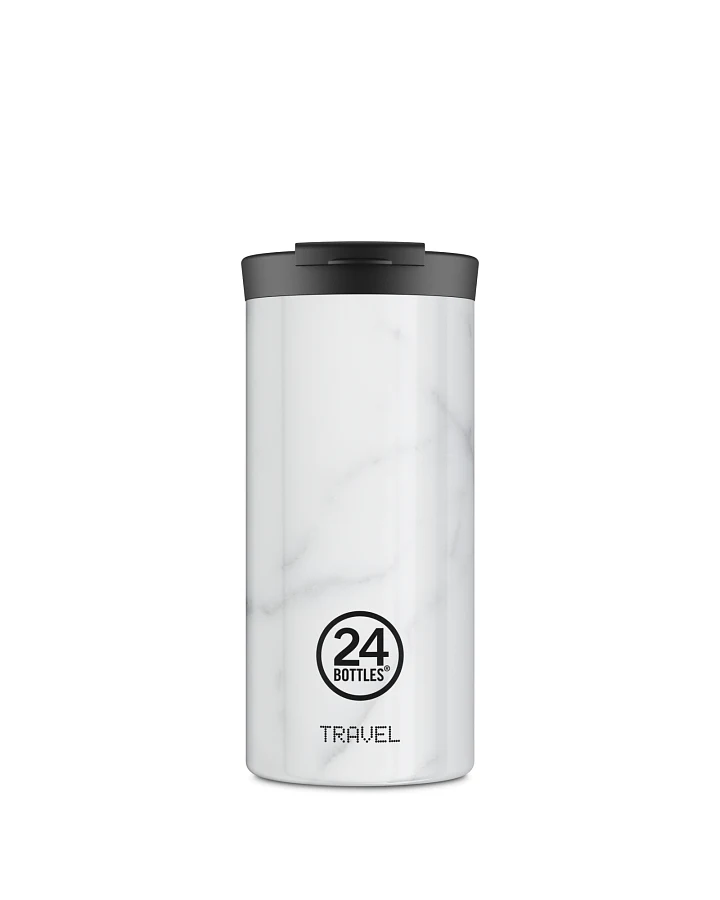 Thermos Becher to go, Isolierbecher 600 ml, weiss, mit weißem Marmor Muster, personalisierbar, Travel Tumbler Carrara - 24Bottles