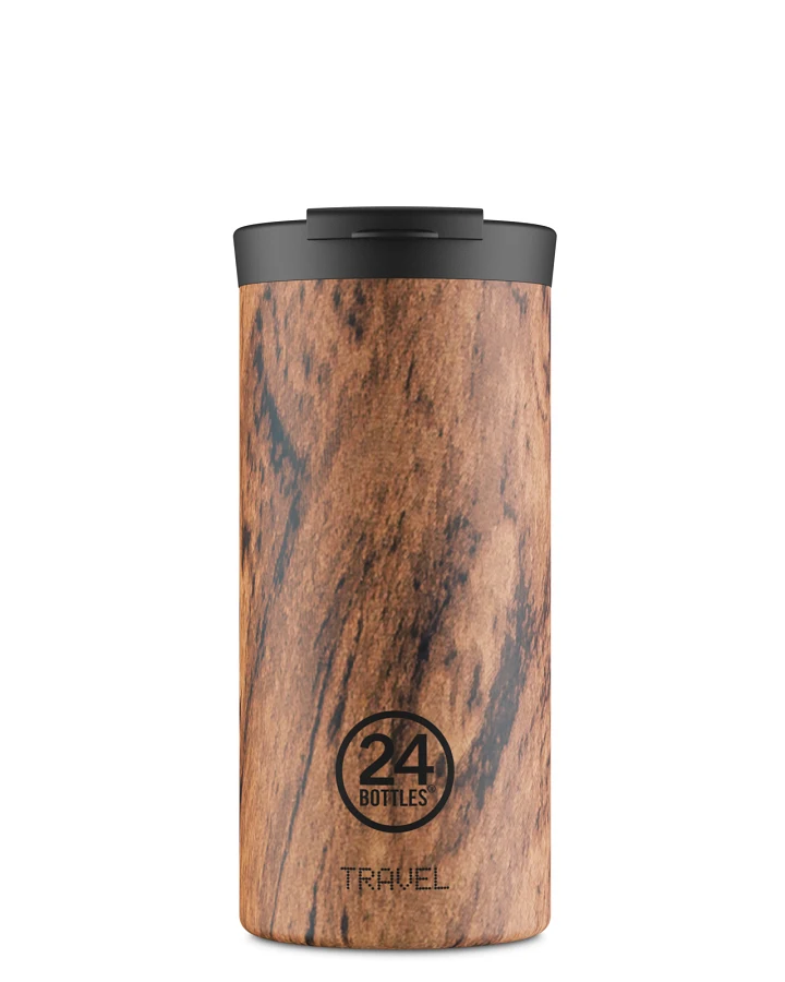 Thermos Becher to go, Isolierbecher 600 ml, braun, mit Holz Optik personalisierbar, Travel Tumbler Sequoia Wood - 24Bottles
