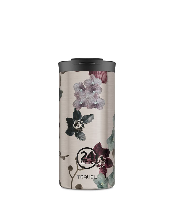Thermos Becher to go, Isolierbecher 600 ml, silber, mit Blumenmuster, Travel Tumbler Virtue - 24Bottles