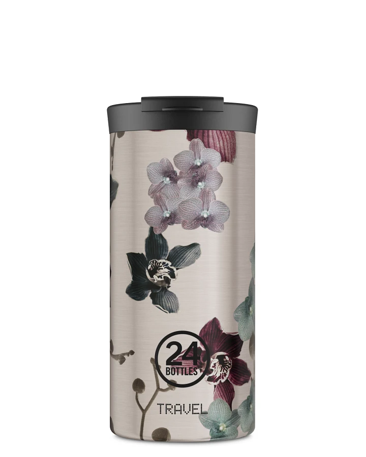 Thermos Becher to go, Isolierbecher 600 ml, silber, mit Blumenmuster, Travel Tumbler Virtue - 24Bottles