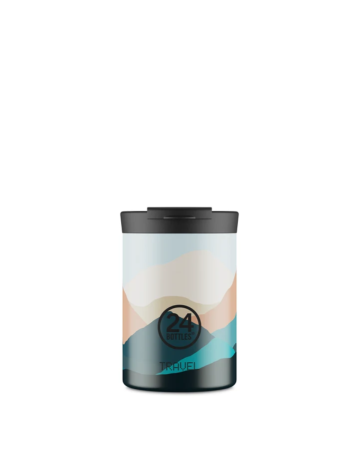 Thermos Becher to go, Isolierbecher 350 ml, weiss, mit abstraktem Berg Muster, Travel Tumbler Mountains - 24Bottles