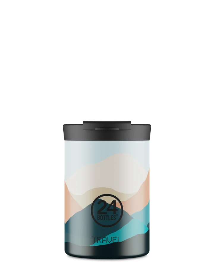 Thermos Becher to go, Isolierbecher 350 ml, weiss, mit abstraktem Berg Muster, Travel Tumbler Mountains - 24Bottles