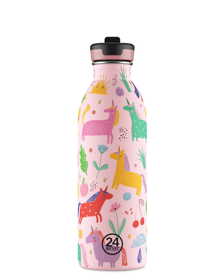 Kinderwasserflasche Edelstahl mit Strohhalm, BPA-frei 500 ml, pink, mit Einhörnern, personalisierbar, Kids Bottle Magic Friends - 24Bottles