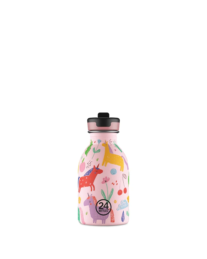 Kinderwasserflasche Edelstahl mit Strohhalm, BPA-frei 250 ml, pink, mit Einhörnern, personalisierbar, Kids Bottle Magic Friends - 24Bottles