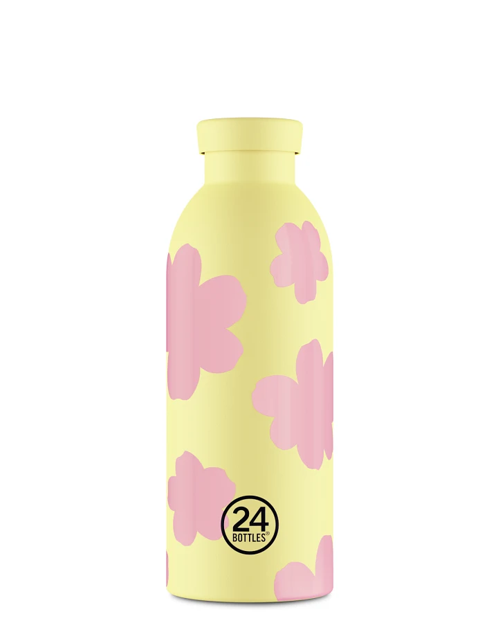 Thermos Trinkflasche aus Edelstahl 500 ml, gelb, mit blauem Blumenmuster, personalisierbar, Clima Bottle Daydreaming Yellow - 24Bottles