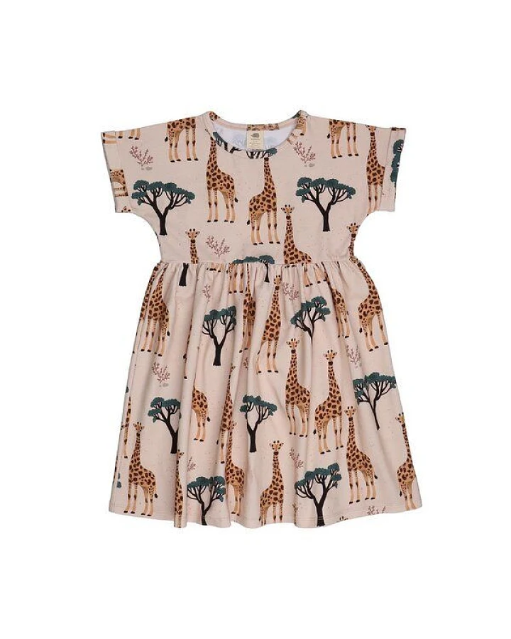 Kinder Kleid GOTS-zertifiziert aus Bio-Baumwolle, beige mit Giraffenprint, kurzarm, schwingender Rock – Walkiddy Giraffes-Dress, weich & bequem