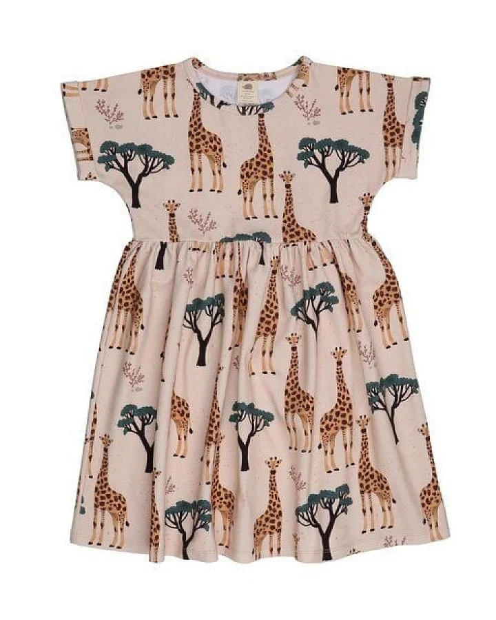 Kinder Kleid GOTS-zertifiziert aus Bio-Baumwolle, beige mit Giraffenprint, kurzarm, schwingender Rock – Walkiddy Giraffes-Dress, weich & bequem