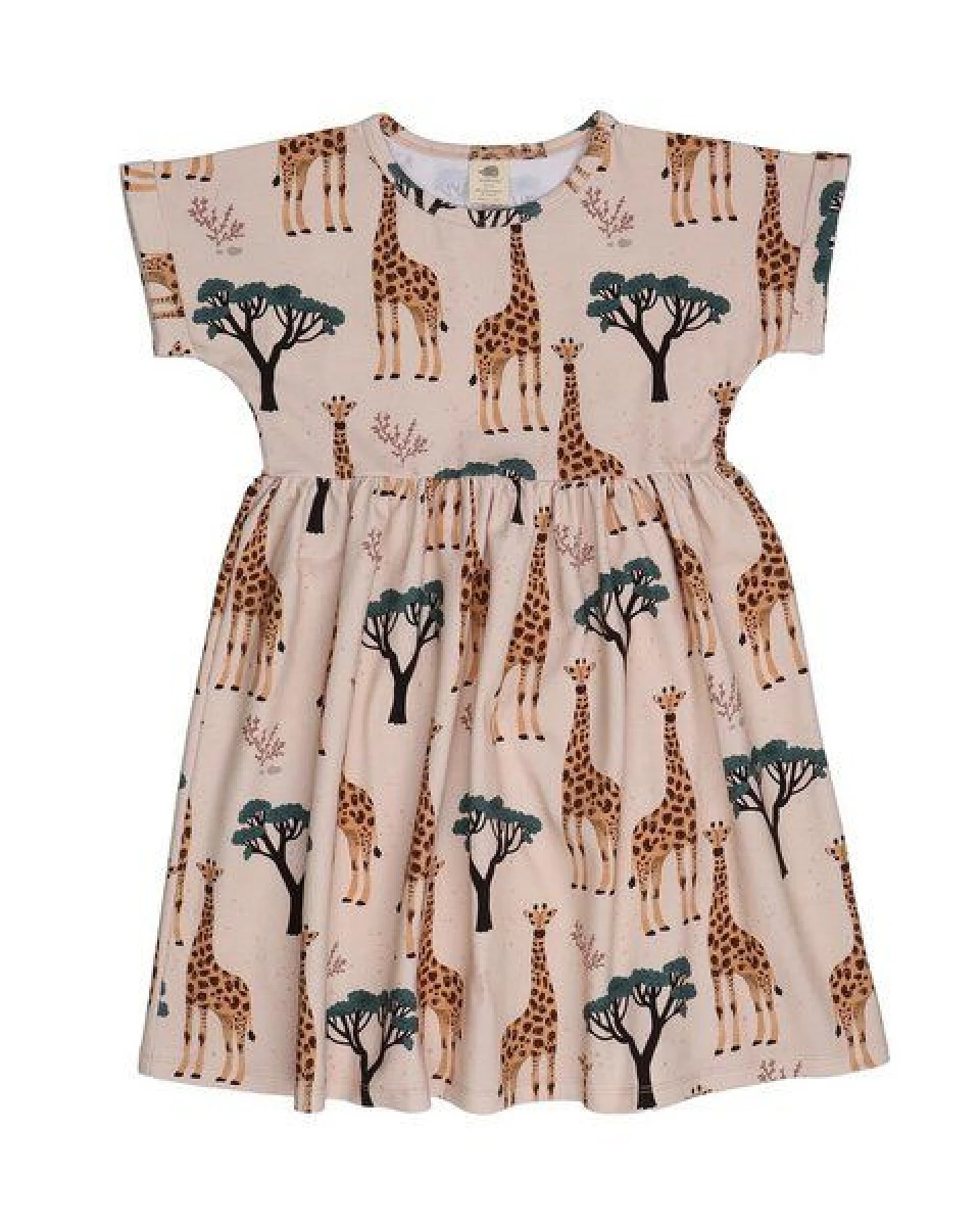 Kinder Kleid GOTS-zertifiziert aus Bio-Baumwolle, beige mit Giraffenprint, kurzarm, schwingender Rock – Walkiddy Giraffes-Dress, weich & bequem – Ansicht 2