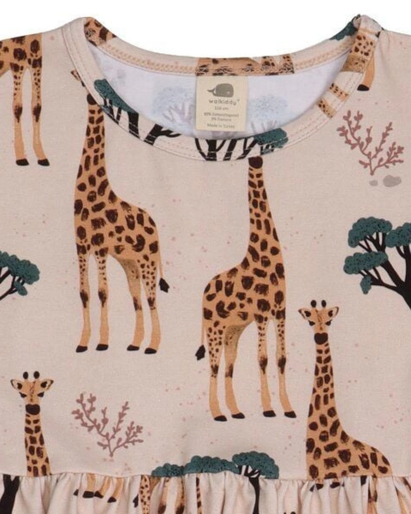 Kinder Kleid GOTS-zertifiziert aus Bio-Baumwolle, beige mit Giraffenprint, kurzarm, schwingender Rock – Walkiddy Giraffes-Dress, weich & bequem – Ansicht 3