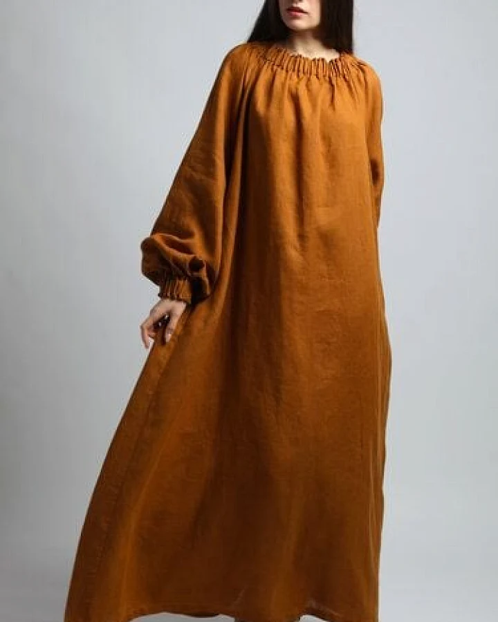 KNOTIUM ARIEL Maxi-Leinenkleid mit Ballonärmeln