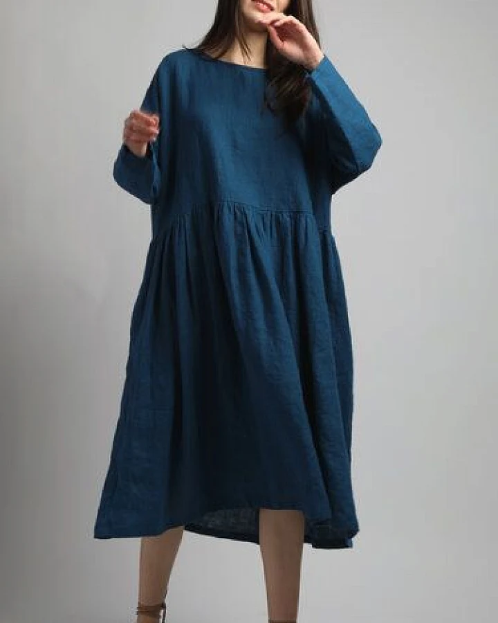 KNOTIUM EIRA Voluminöses Smock-Leinenkleid