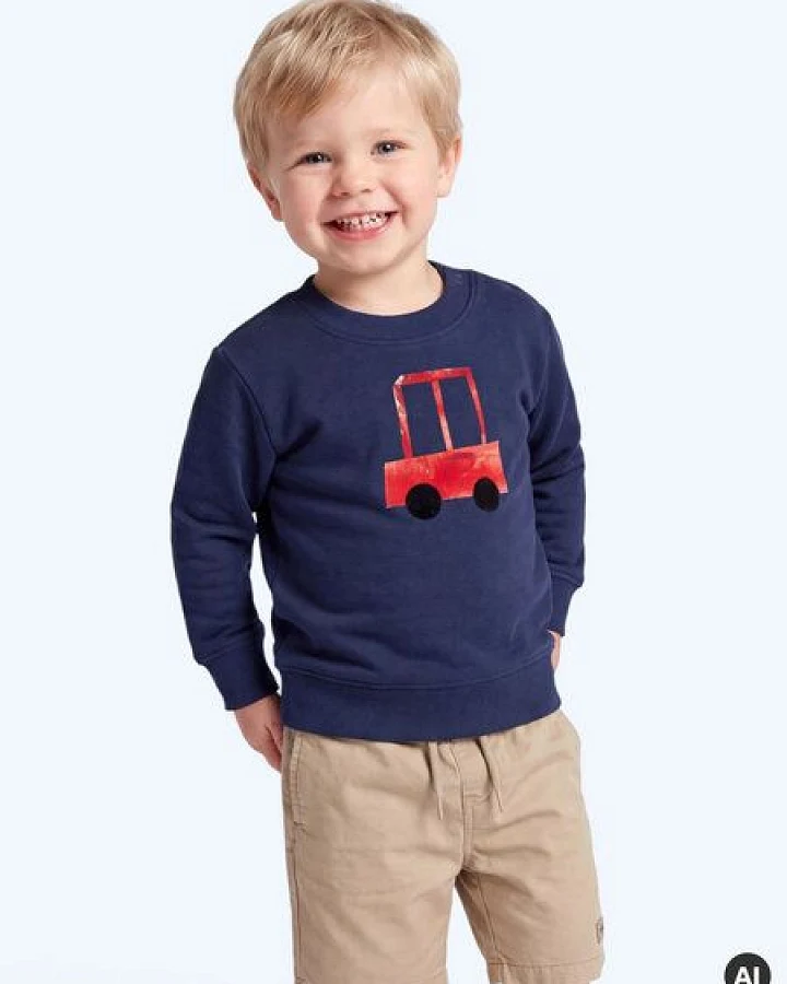 MELAdi Kinder Baby - Sweater aus Biobaumwolle - Rotes Auto auf Navy Blue