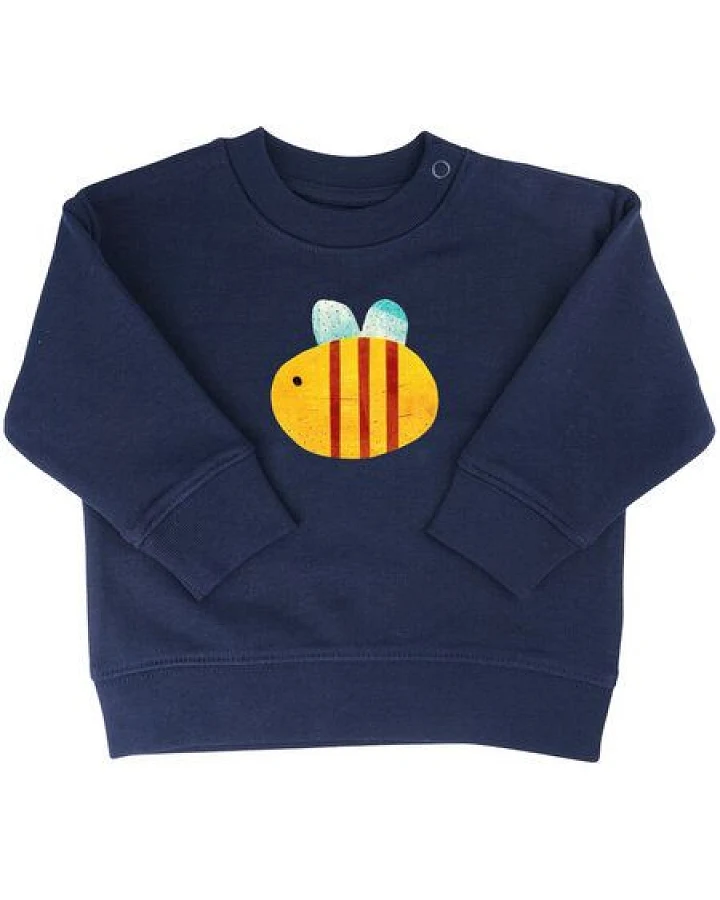 MELAdi Kinder Baby-Sweater aus Biobaumwolle - Biene auf Navy Blue