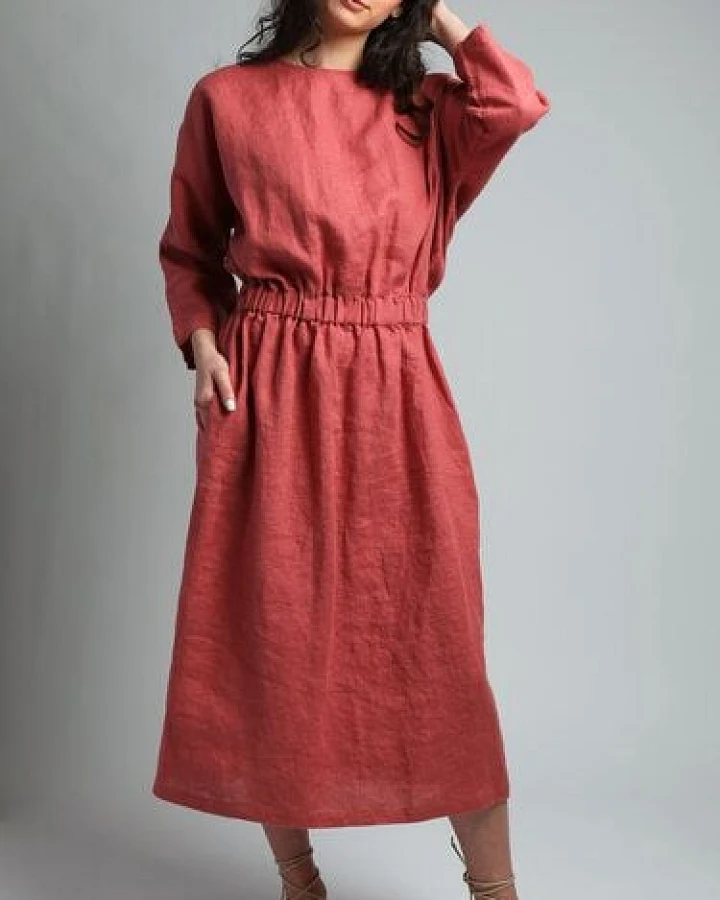 KNOTIUM JOURNEY Midi-Leinenkleid mit elastischem Bund