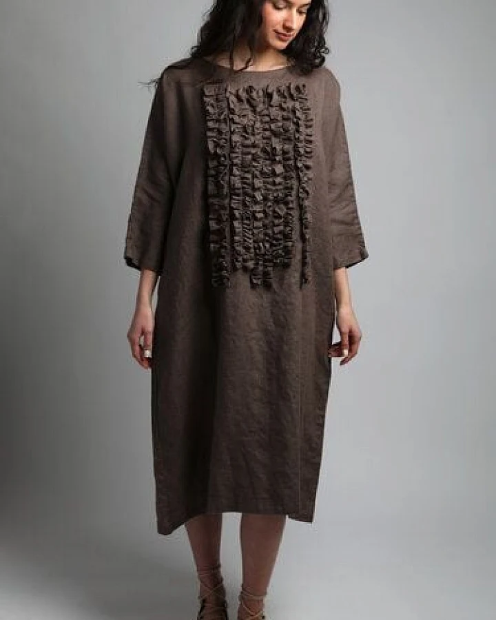 KNOTIUM POM POM Leinenkleid mit Rüschen vorne