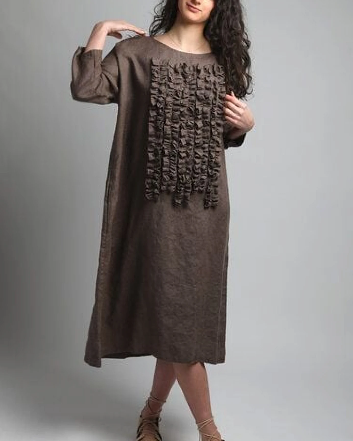 KNOTIUM POM POM Leinenkleid mit Rüschen vorne – Ansicht 4