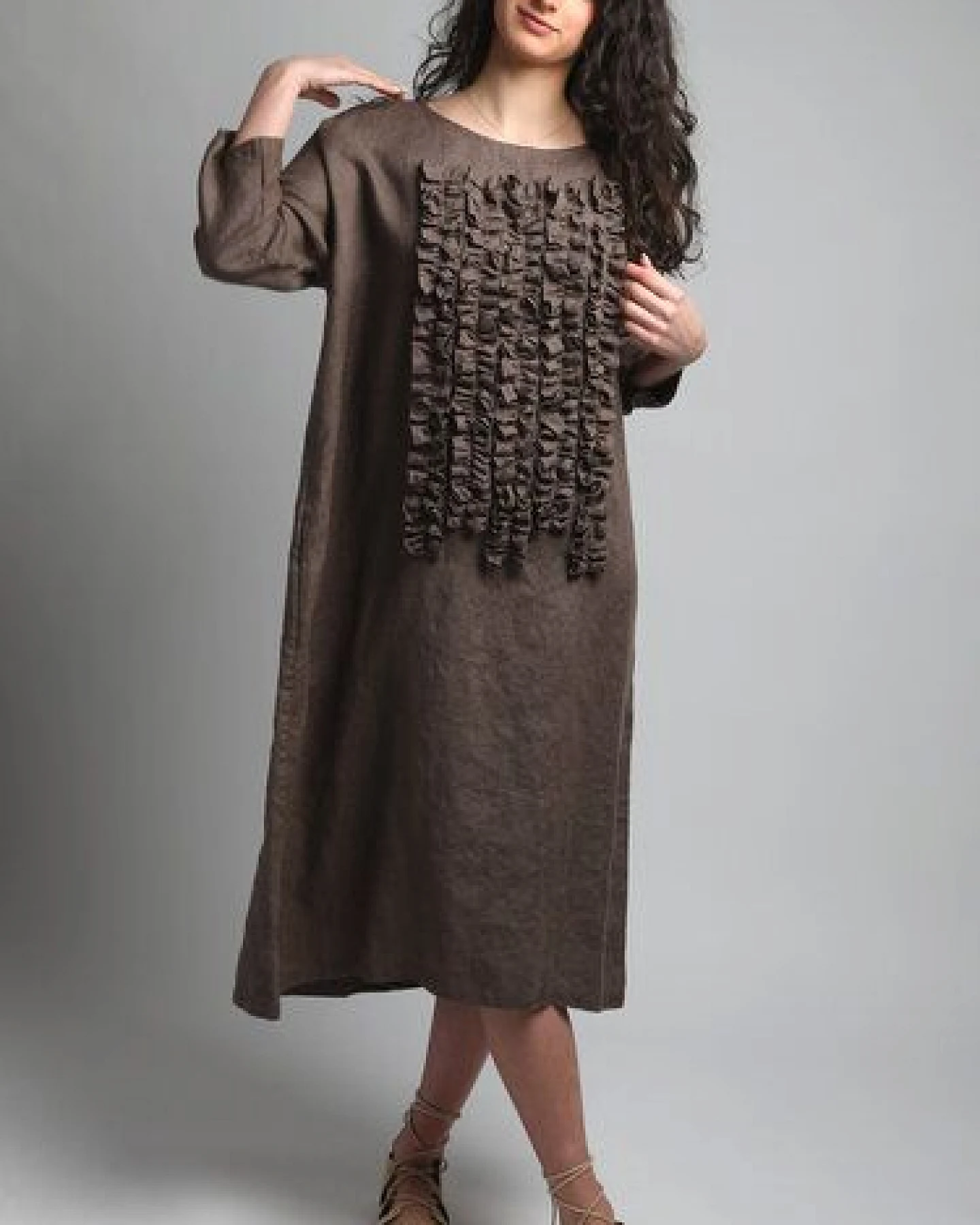 KNOTIUM POM POM Leinenkleid mit Rüschen vorne – Ansicht 4