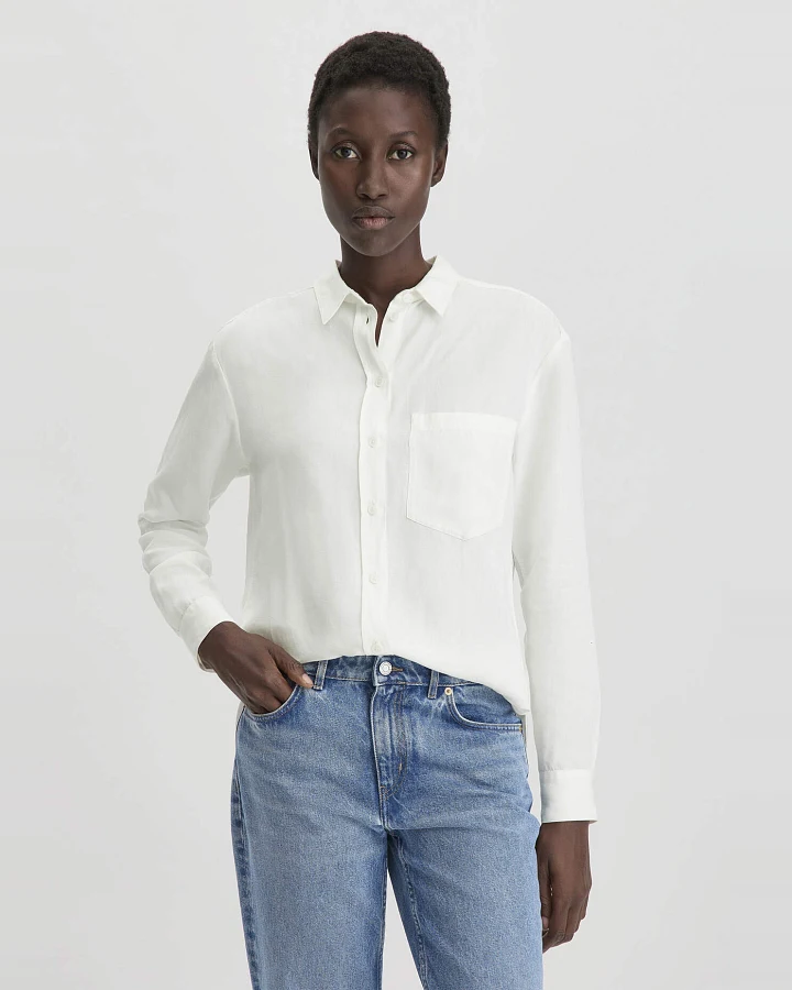 hessnatur Damen Bluse Relaxed aus weichem TENCEL™ Lyocell mit Leinen - weiß - Größe 34
