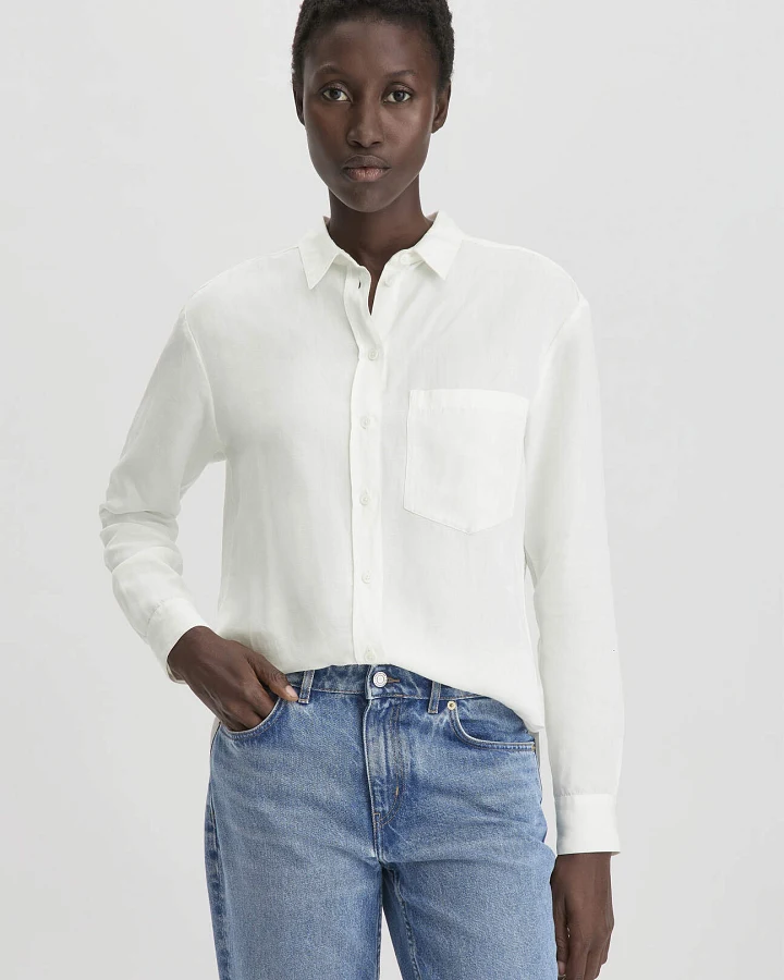 hessnatur Damen Bluse Relaxed aus weichem TENCEL™ Lyocell mit Leinen - weiß - Größe 34