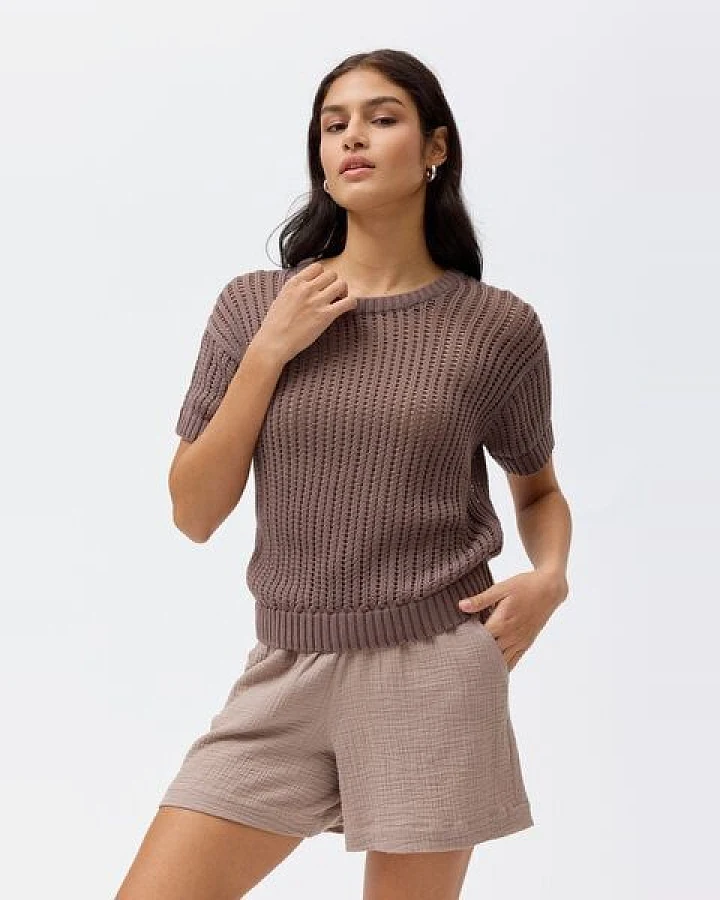 People Wear Organic Ajour Kurzarm Pullover, braun uni, Bio-Baumwolle