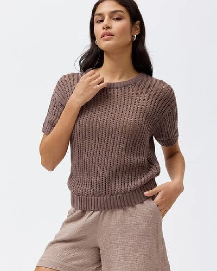 People Wear Organic Ajour Kurzarm Pullover, braun uni, Bio-Baumwolle