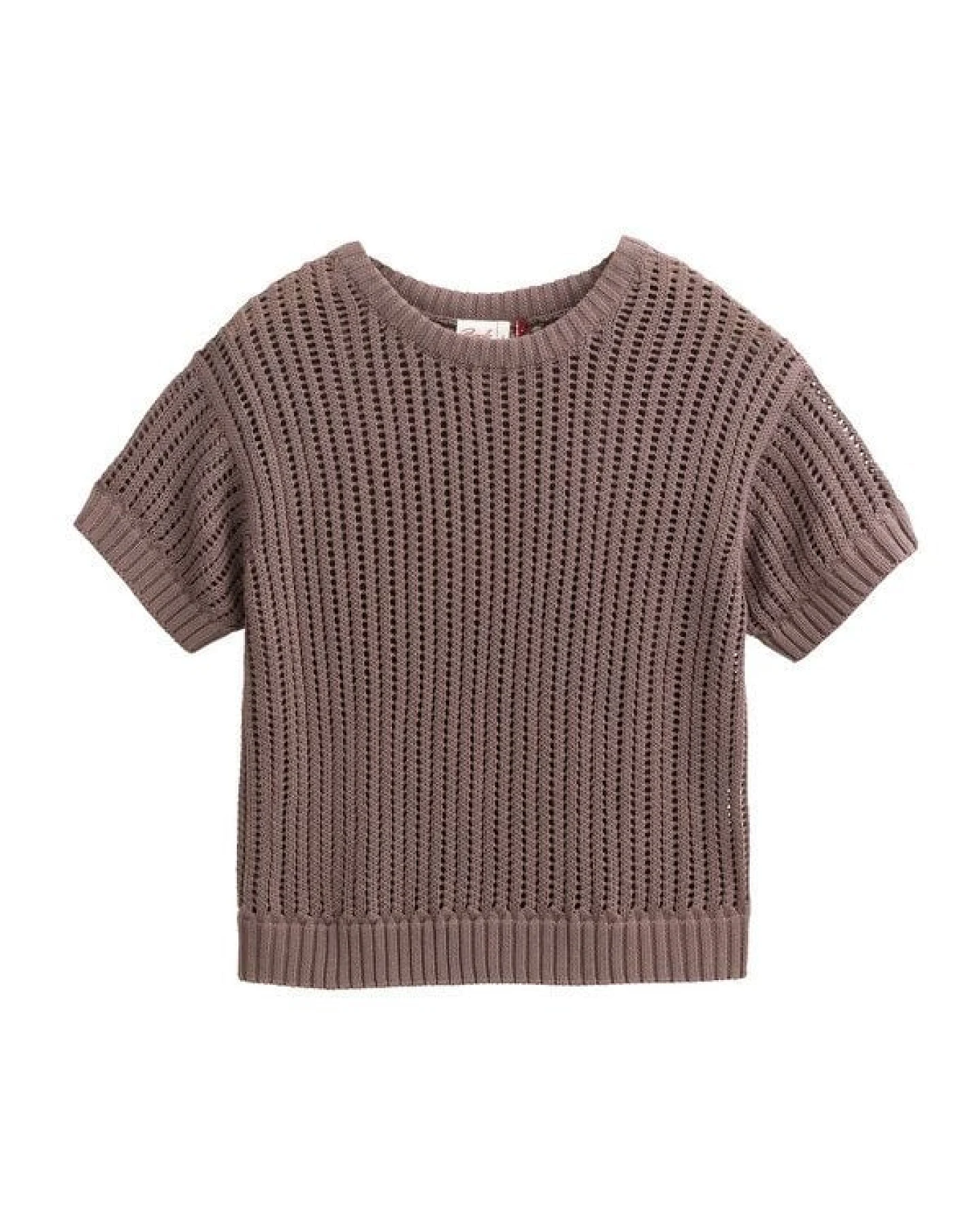 People Wear Organic Ajour Kurzarm Pullover, braun uni, Bio-Baumwolle – Ansicht 4
