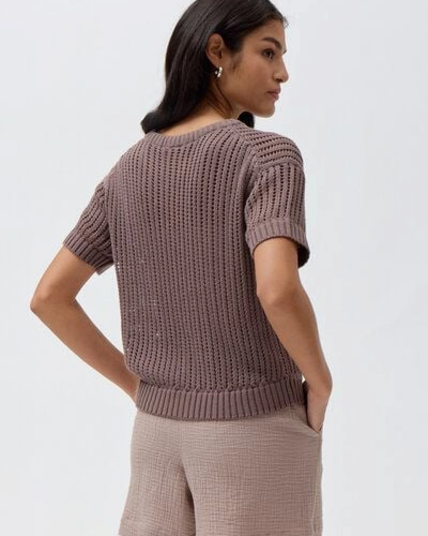 People Wear Organic Ajour Kurzarm Pullover, braun uni, Bio-Baumwolle – Ansicht 2