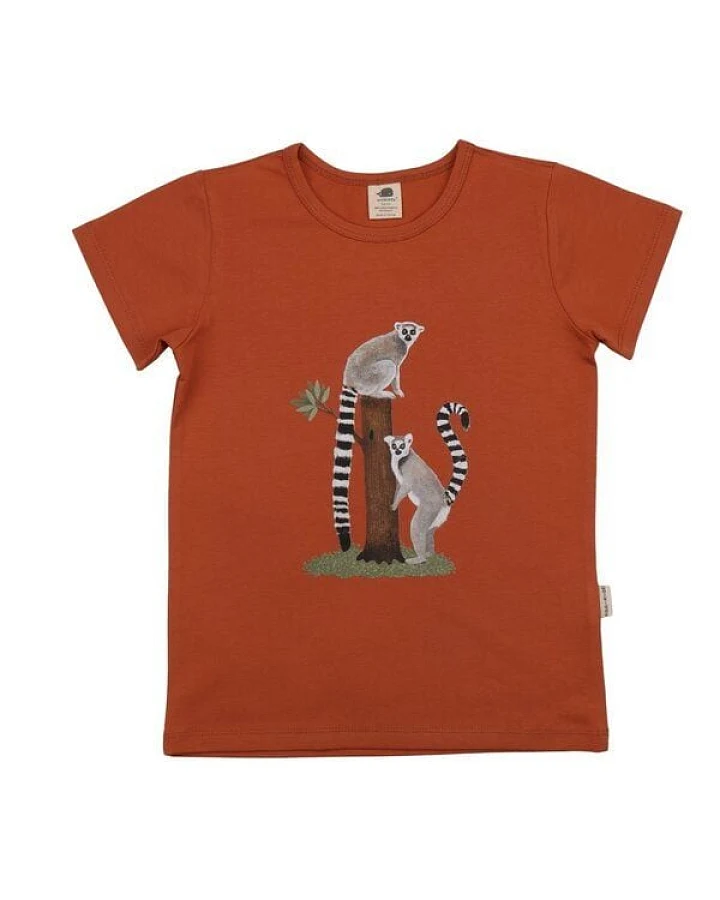 T-Shirt Rostrot Lemuren-Frontprint Bio-Baumwolle GOTS – Walkiddy
