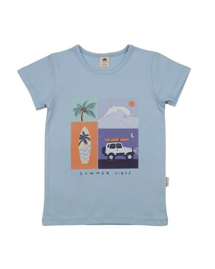 T-Shirt Hellblau Sommer-Frontprint Bio-Baumwolle GOTS – Walkiddy