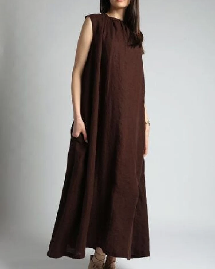 KNOTIUM VIVA Maxi-Leinenkleid mit gesmoktem Halsausschnitt