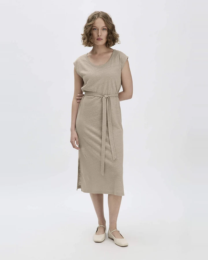 hessnatur Damen Jersey Kleid Midi Relaxed aus Leinen und Bio-Baumwolle - beige - Größe 38