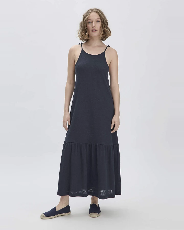 hessnatur Damen Jersey Kleid Midi Relaxed aus Leinen und Bio-Baumwolle - blau - Größe 34