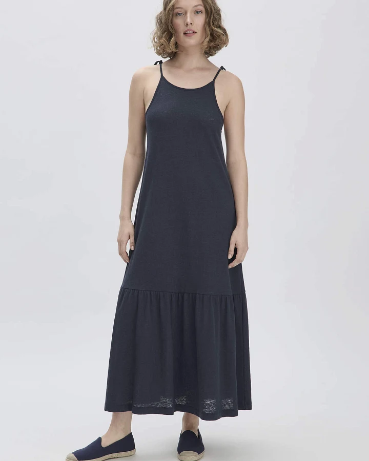 hessnatur Damen Jersey Kleid Midi Relaxed aus Leinen und Bio-Baumwolle - blau - Größe 34