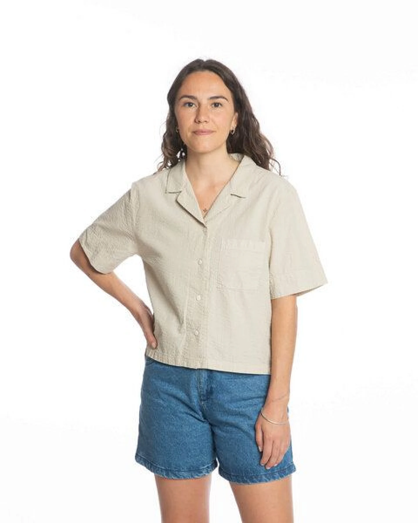 Matona Seersucker Kurzarm-Bluse sand – Ansicht 3