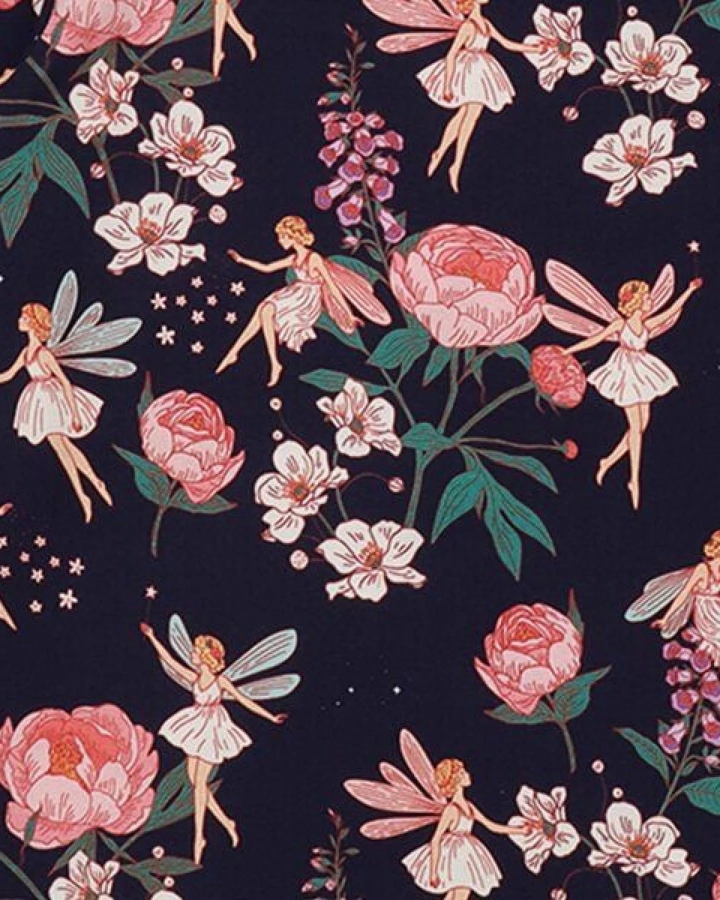T-Shirt Dunkelblau Feen & Blumen Allover Bio-Baumwolle GOTS Kurzarm – Walkiddy – Ansicht 3