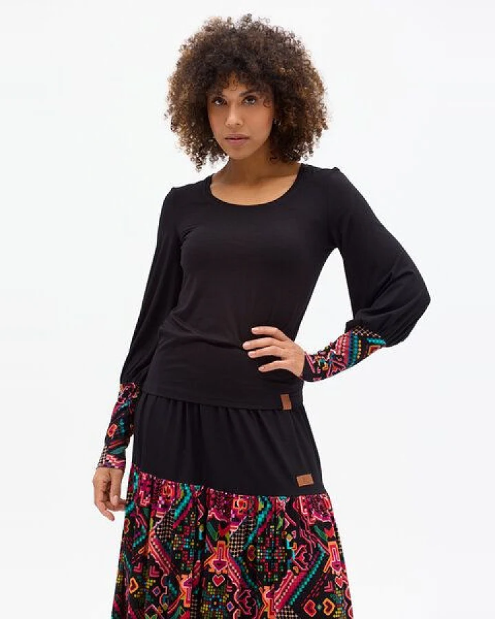 KOKOworld Bluse Guna Damen – Viskose EcoVero mit Elasthan – eleganter Look mit gepufften Ärmeln & Print-Manschetten – nachhaltig & fair in EU produziert – perfekt für Alltag & Yoga