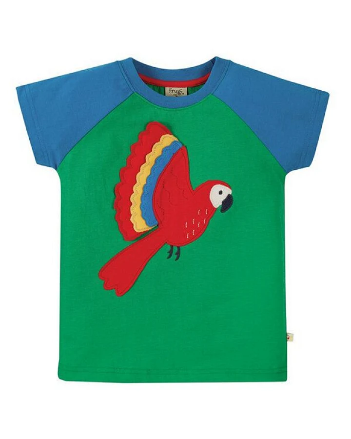 Frugi T-Shirt Papagei in grün-blau