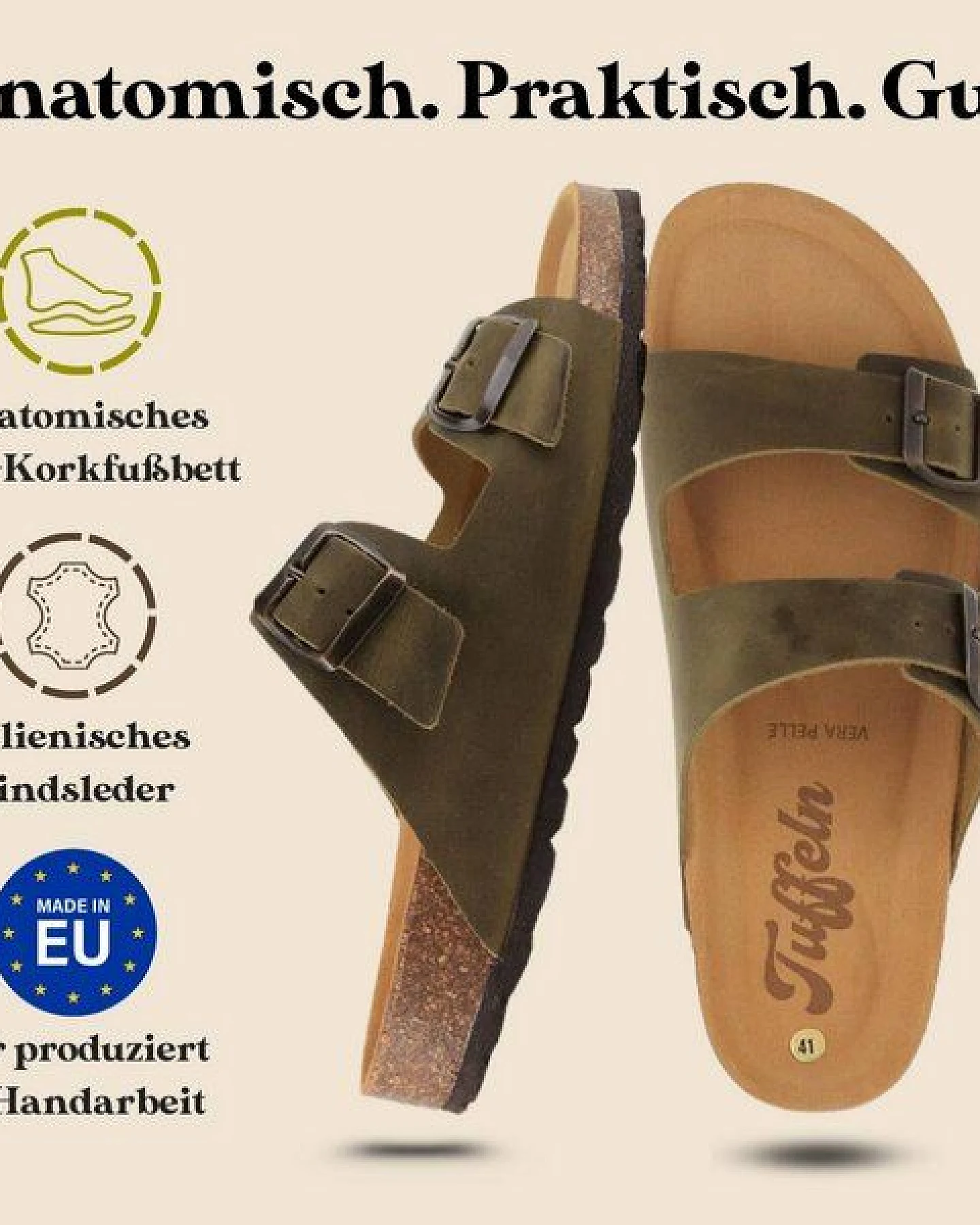 Tuffeln Leder-Pantoletten Föhr mit weichem Kork-Fußbett Zweischnaller-Sandalen – Ansicht 3