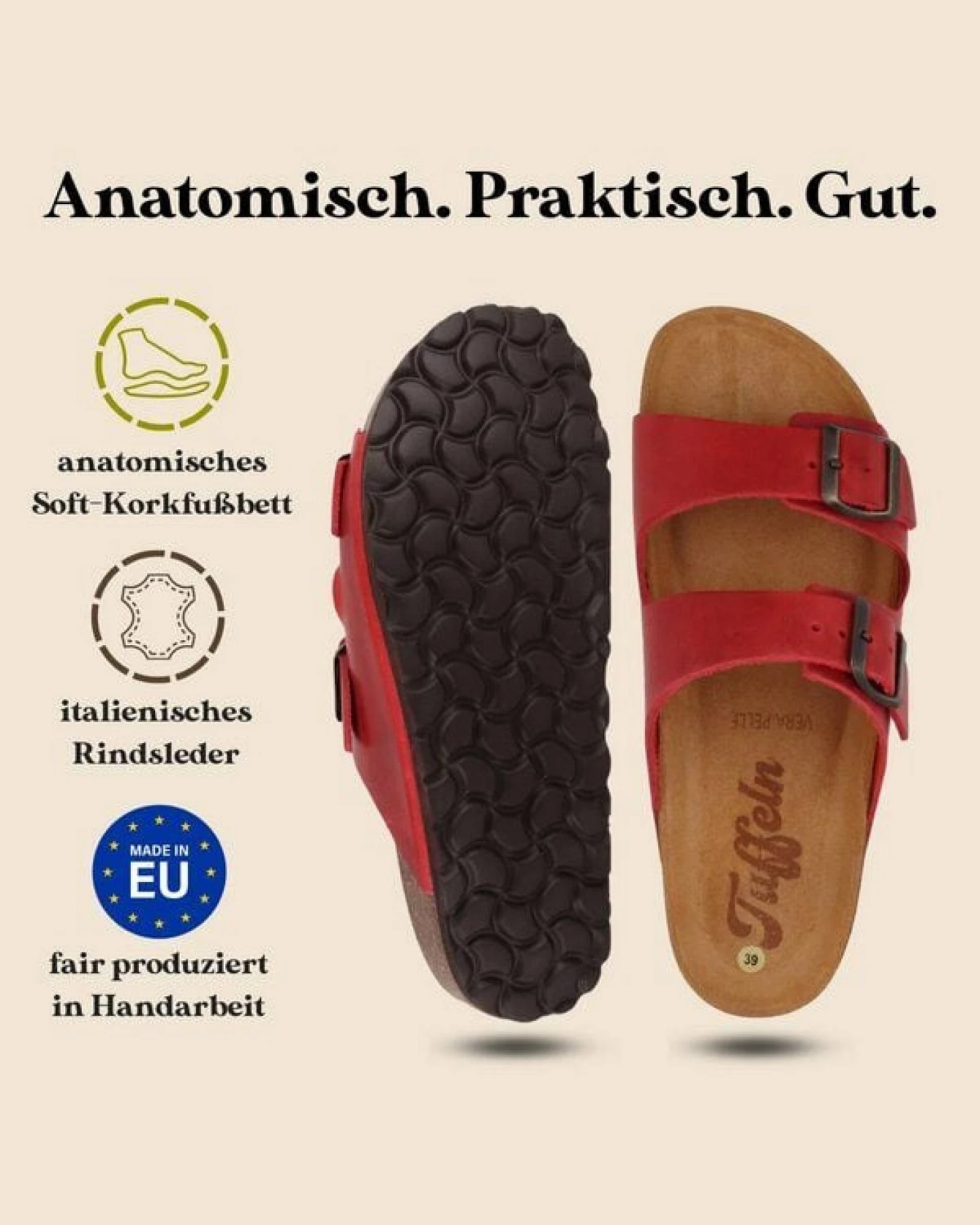 Tuffeln Leder-Pantoletten Föhr mit weichem Kork-Fußbett Zweischnaller-Sandalen – Ansicht 3