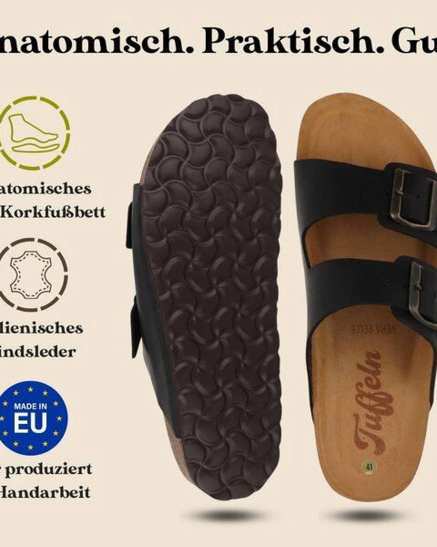 Tuffeln Leder-Pantoletten Föhr mit weichem Kork-Fußbett Zweischnaller-Sandalen – Ansicht 3
