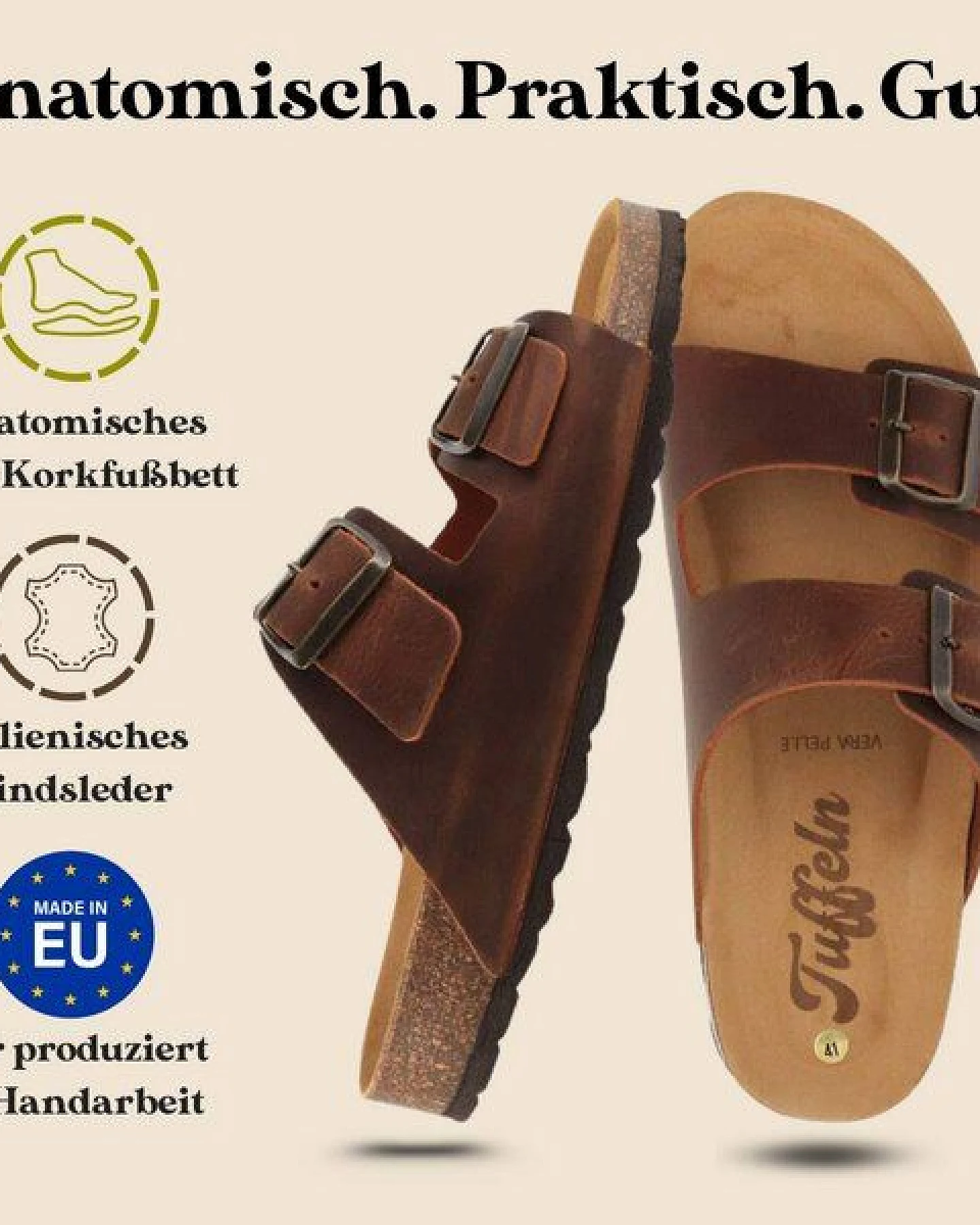 Tuffeln Leder-Pantoletten Föhr mit weichem Kork-Fußbett Zweischnaller-Sandalen – Ansicht 3
