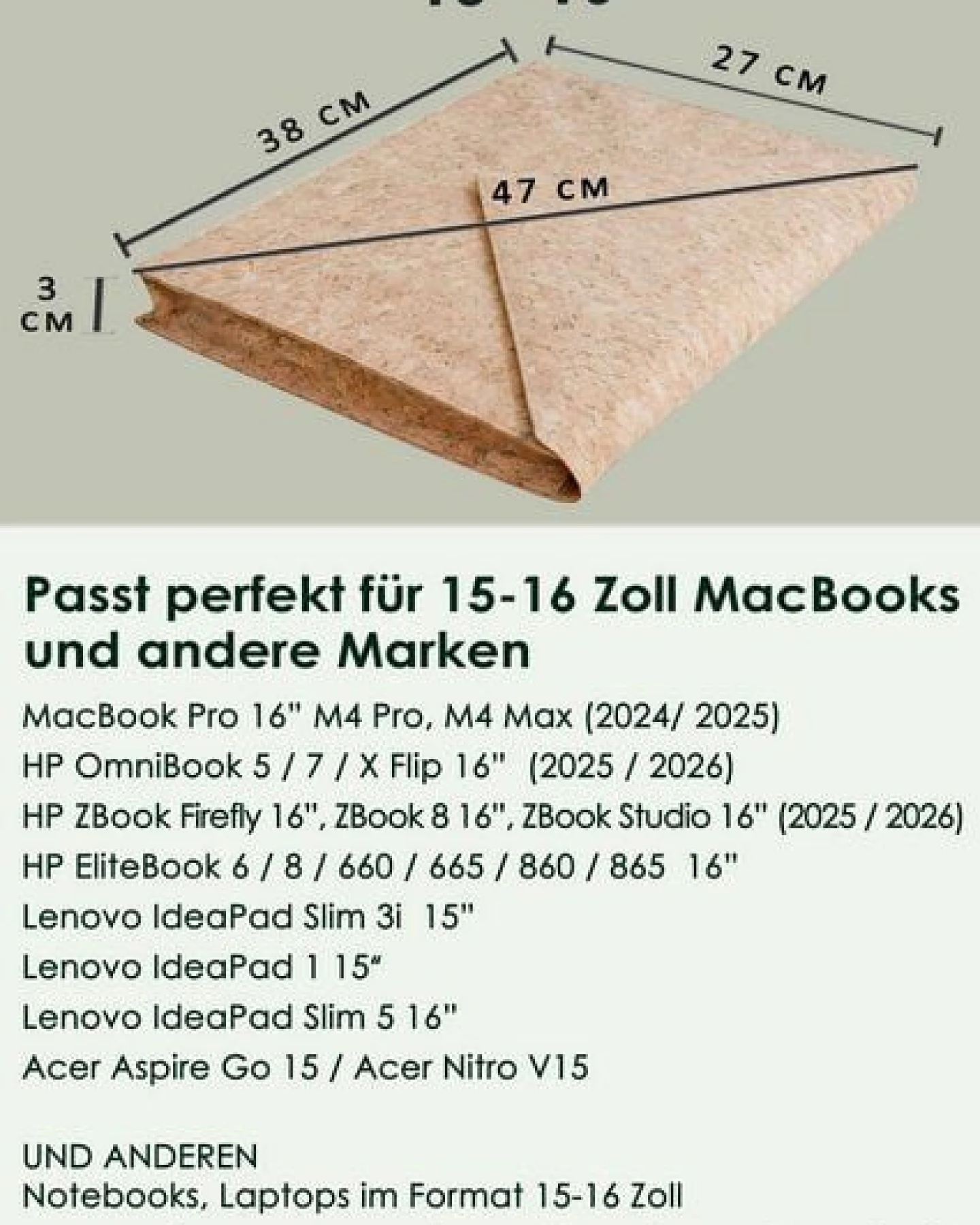 BY COPALA Gefütterte 15–16 Zoll Laptoptasche aus Kork – Ansicht 4
