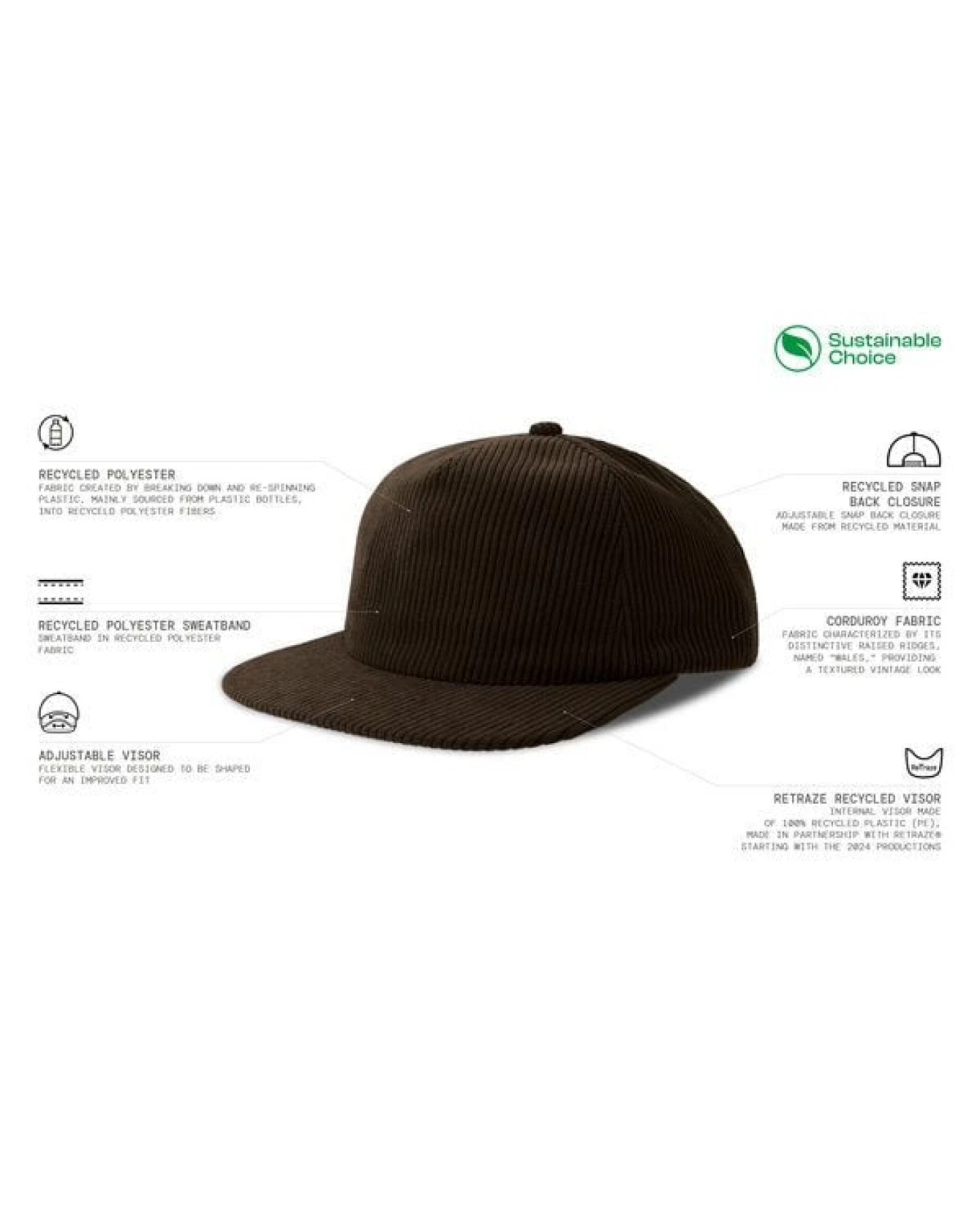 Cord Cap größenverstellbar Recycelt grober Kord 5 Panels von Atlantis Headwear – Ansicht 4