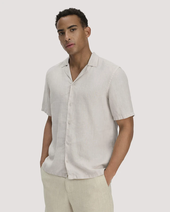 hessnatur Herren Resort Hemd Kurzarm Regular aus Leinen - beige - Größe L (41/42)