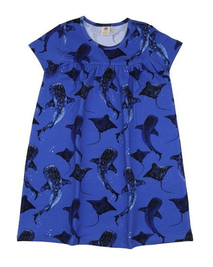 Baby Kleid GOTS zertifiziert Bio-Baumwolle Blau Wal-Print Kurzarm bequem „Wale & Rochen“ – Walkiddy