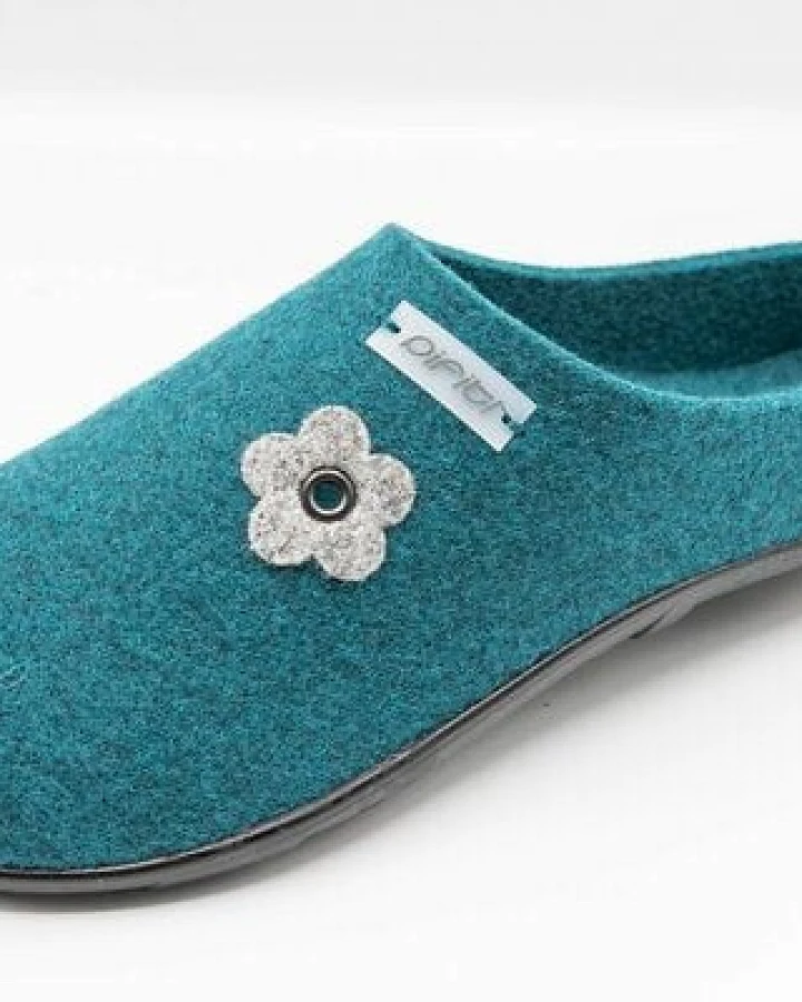 Pantoffel seasonal (Flower) mit Barfußgefühl pifit! aus hochwertigem Wollfilz, petrol, 32102-2